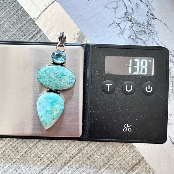 Pendant Amazoite And Aquamarine 3 Large Gemstones Stones Silver Tone Gift 3331 - Picture 4 of 7